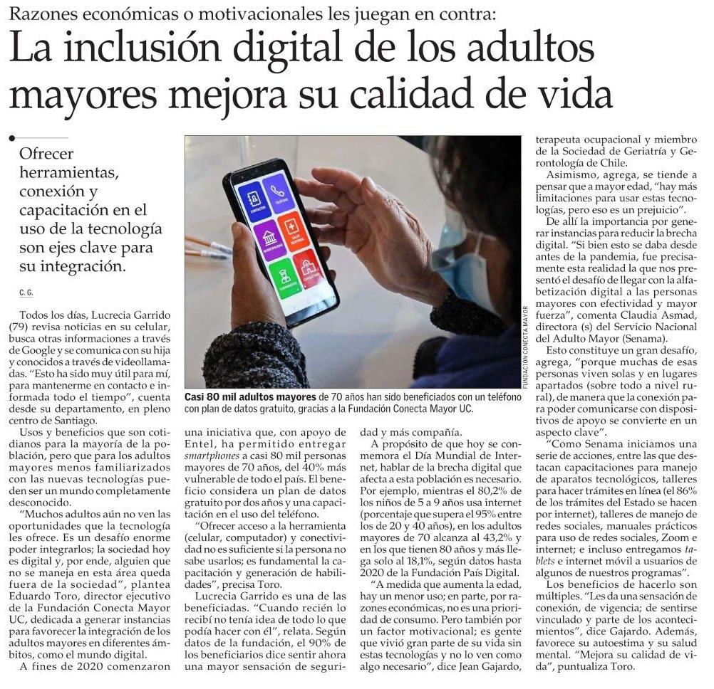 Conecta Mayor en El Mercurio sobre inclusión digital. "La inclusión digital de los adultos mayores mejora su calidad de vida"